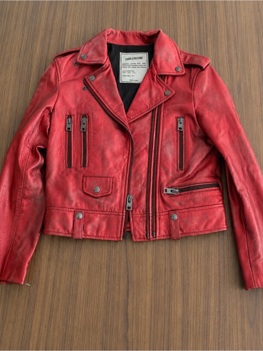 Zadig & Voltaire Distressed Metallic Red Leather Biker Jacket